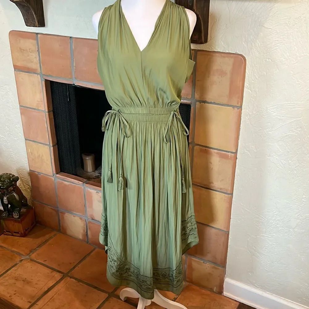 Ramy Brook Avocado/Sage Green Embroidered Hayley Midi Dress, Size Medium